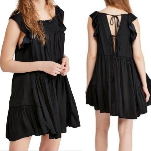Intimately Free People Sz M Want Your Love Black Mini Dress Smocked Tie Back - Picture 2 of 11